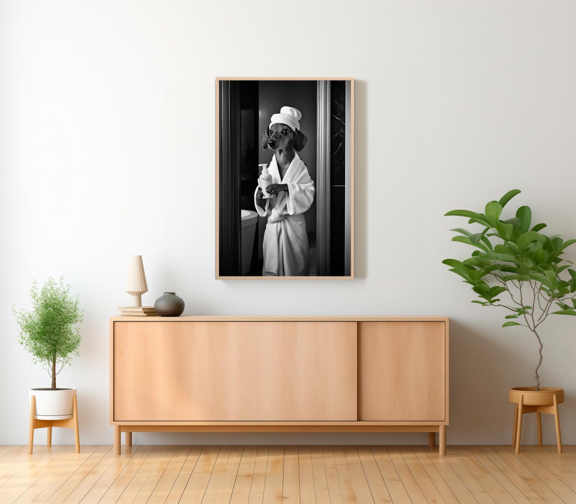 Dachshund In Bathrobe Standing In Shower Holding Soap Poster - Image 2
