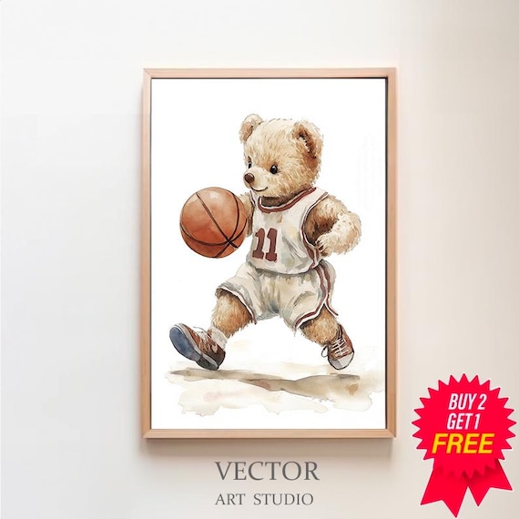 Teddy Bear Basketball Player Number 11 Watercolor Nursery Poster