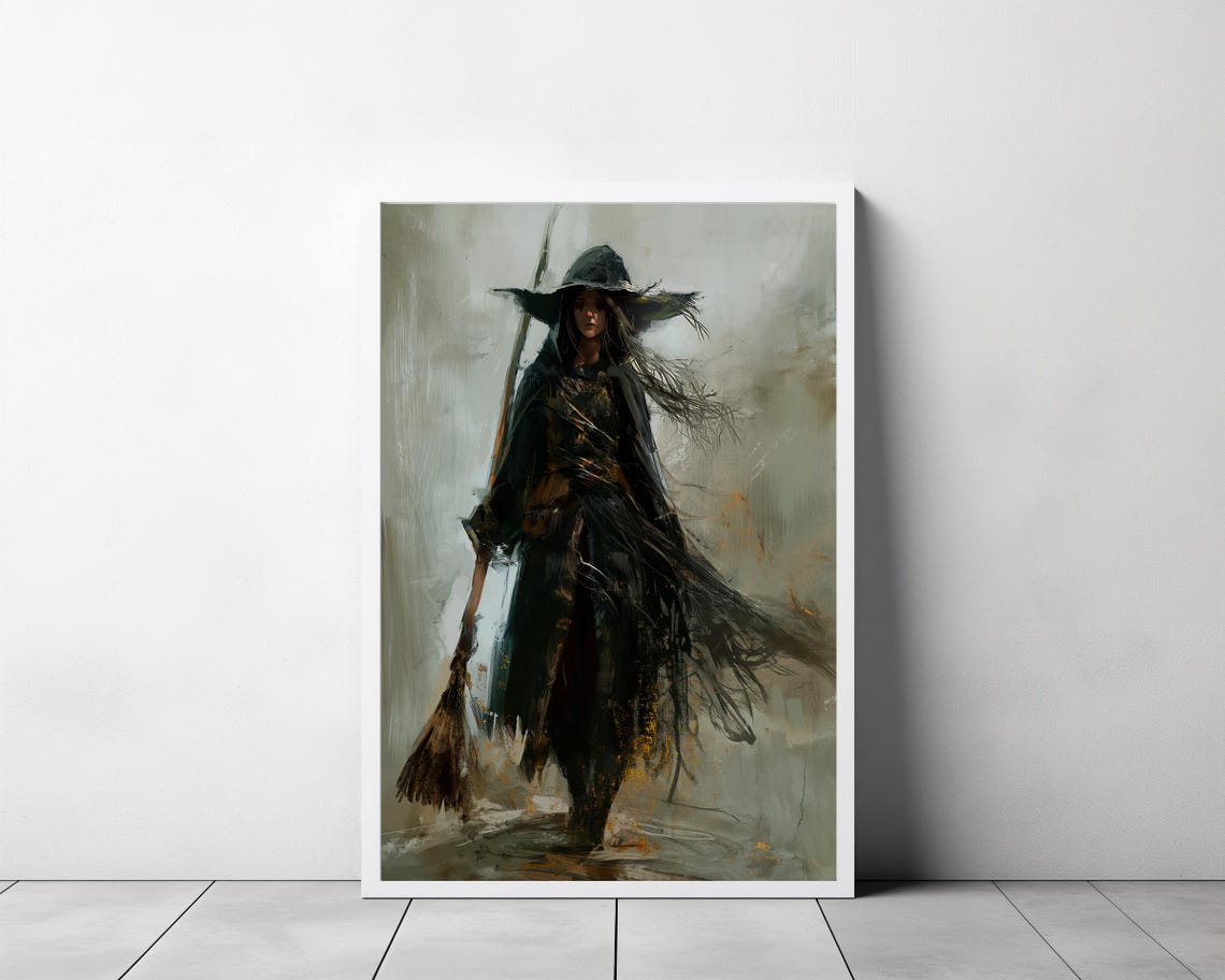 Dark Witch With Broom Walking Through Gray Misty Landscape Art Poster - Image 3