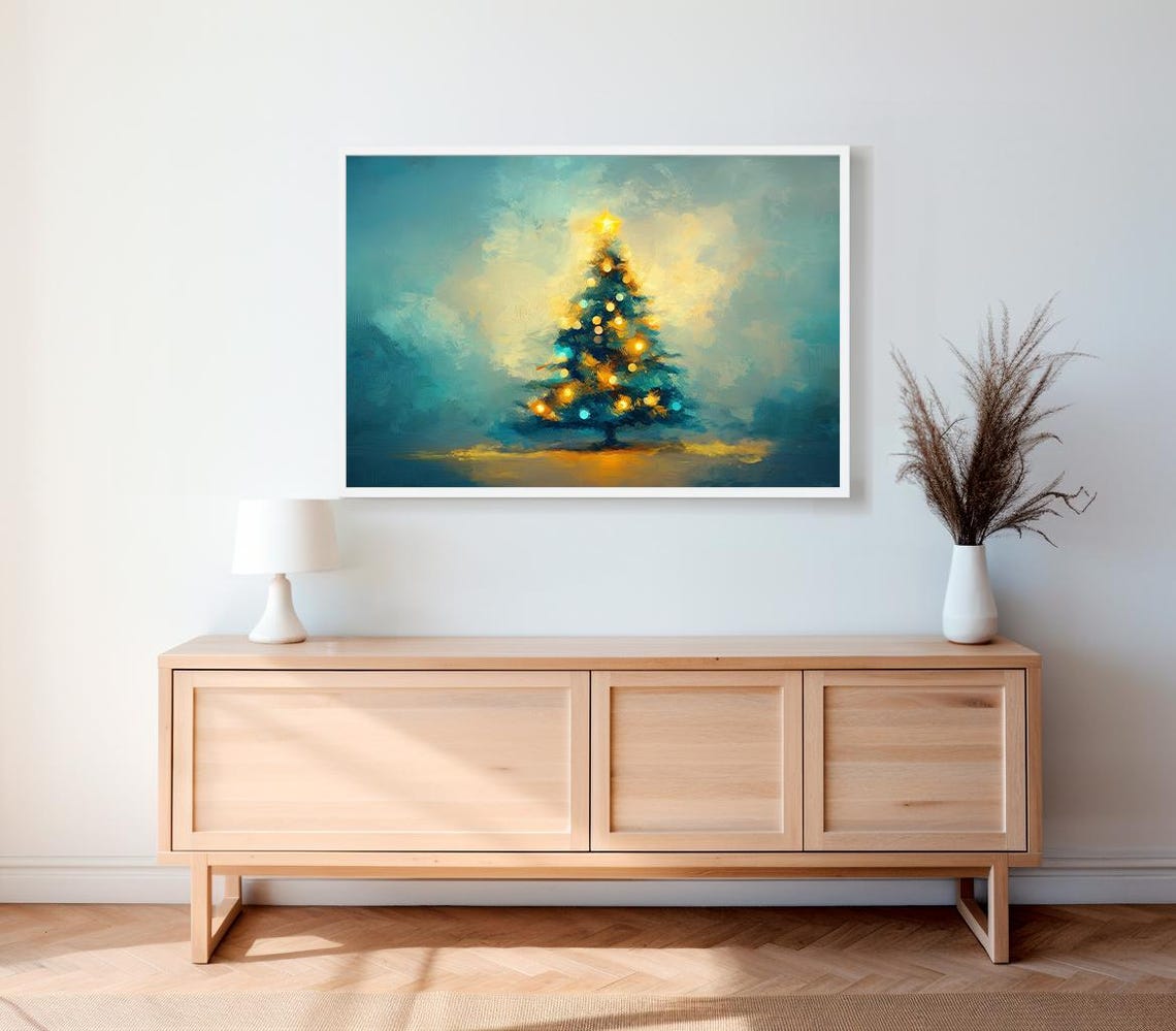 Glowing Teal Christmas Tree with Golden Lights Festive Holiday Poster - Image 3