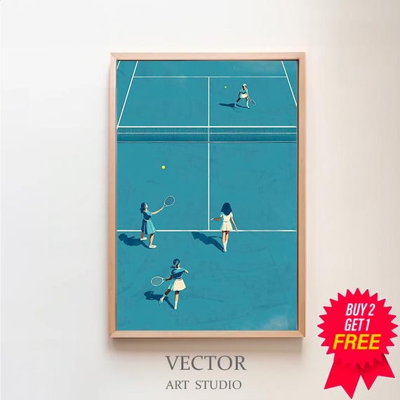 Retro Tennis Art Tennis Vintage Art Small People Art Minimalist Wall Decor Art Print Blue Wall Art Blue Art Print