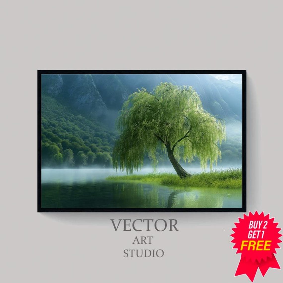 Lush Green Weeping Willow on a Misty Lake With Forest Mountains Poster - Image 4