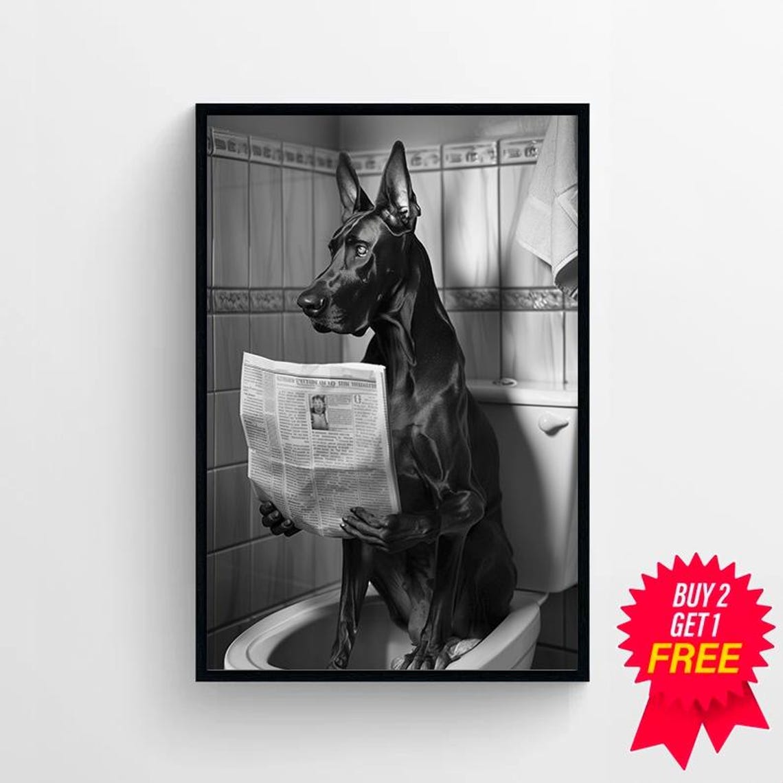 Great Dane Reading Newspaper on Toilet Funny Bathroom Photo Poster - Image 4