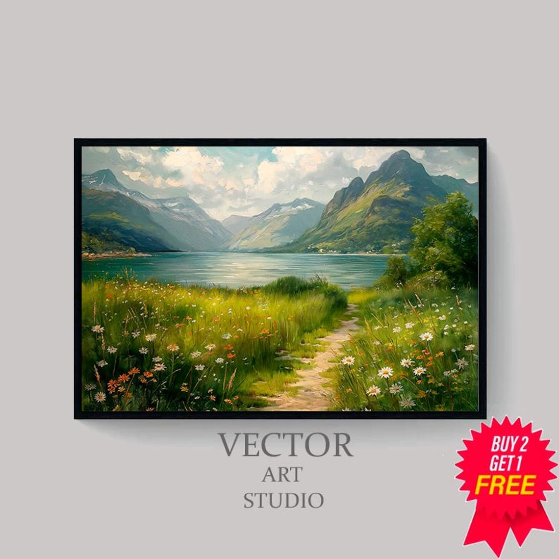 Rustic Country Field Artwork Perfect For Home Refresh Vintage Landscape Mountain Spring Meadow Painting - Image 4