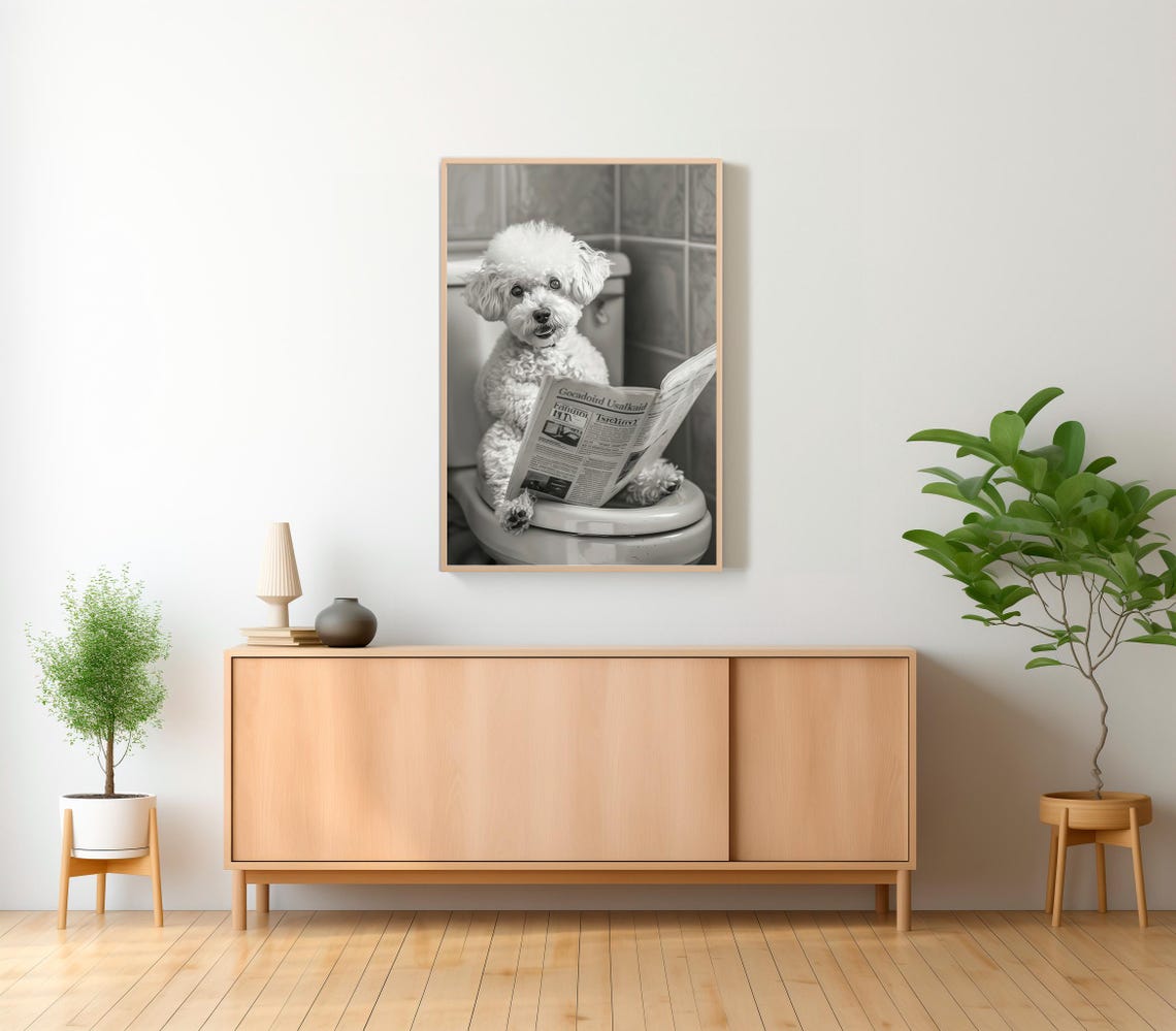 Smiling Bichon Frise with Newspaper on Toilet Vintage Funny Art Print - Image 2