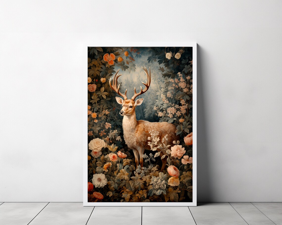 Majestic Stag Standing in Blooming Floral Woodland Nature Decor Art Poster - Image 3