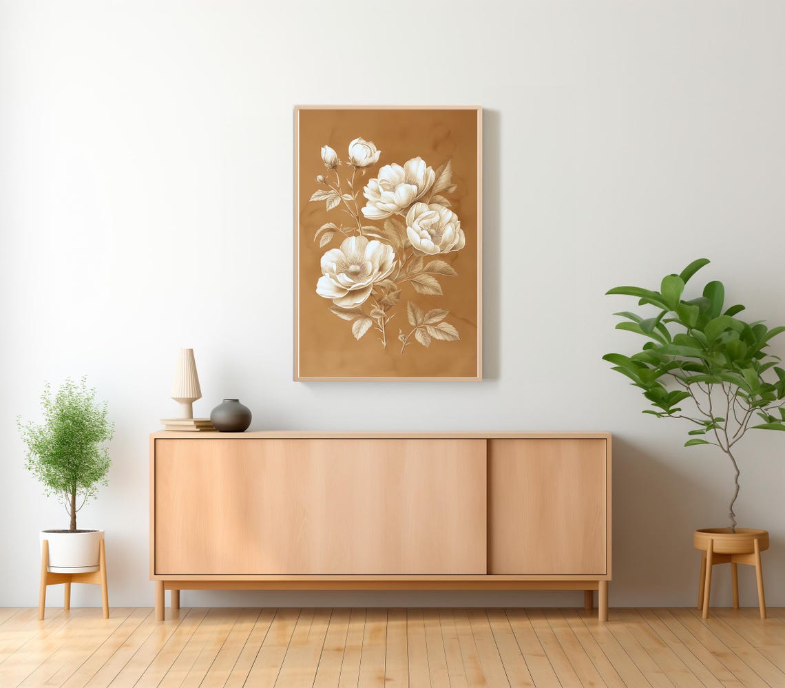 Delicate Cream White Rose Blooms on Caramel Background Poster - Image 2