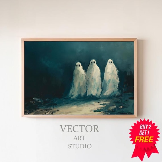 Three Cute Ghosts on a Dark Teal Night Spooky Halloween Art Poster
