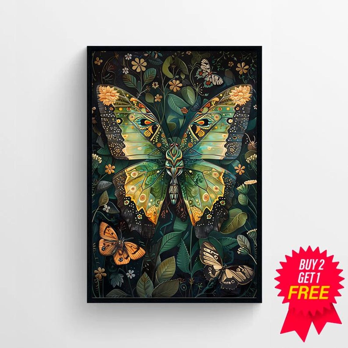 Ornate Butterfly with Iridescent Wings in Dark Botanical Garden Poster - Image 4