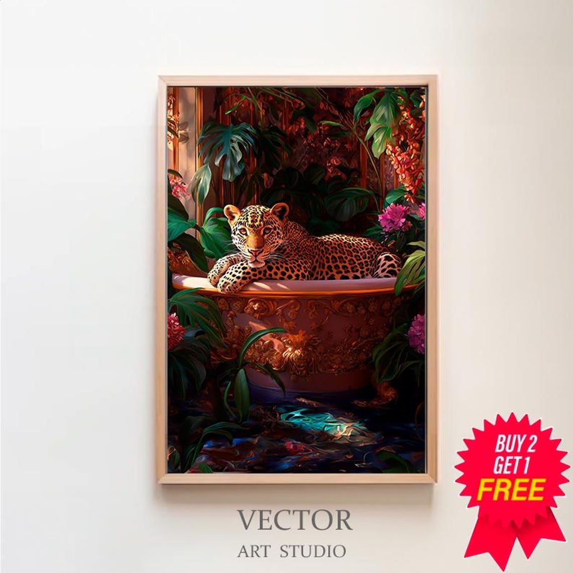 Leopard Resting in an Ornate Bathtub in a Lush Tropical Jungle Poster