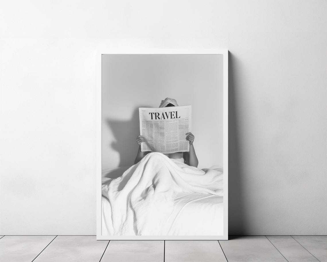 Reading Travel Newspaper in Bed Cozy Minimalist Photo Poster - Image 3