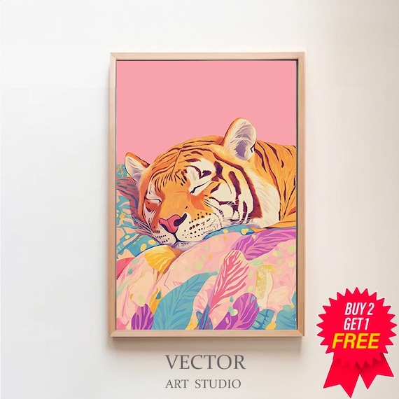 Sleeping Tiger Nestled in a Pastel Floral Blanket Dreamy Art Poster