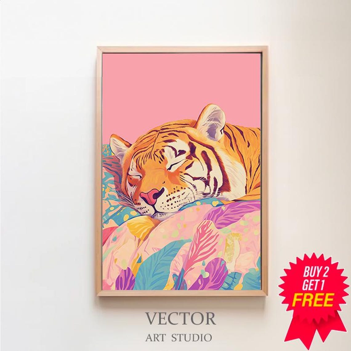 Sleeping Tiger Nestled in a Pastel Floral Blanket Dreamy Art Poster
