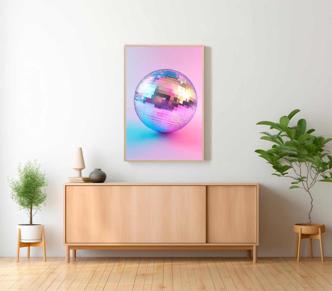 Iridescent Disco Ball on Pink and Blue Pastel Gradient Poster - Image 2
