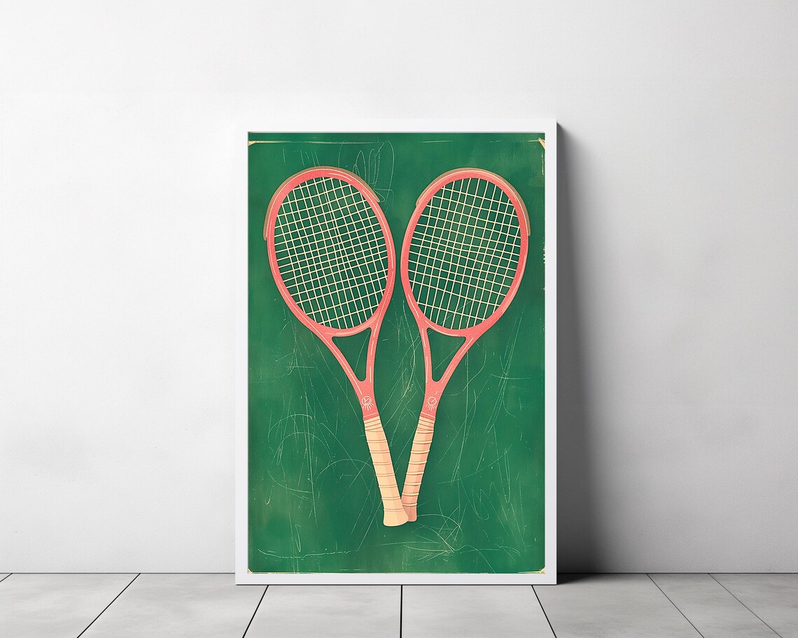 Coral Tennis Rackets Duo on Green Vintage Chalkboard Style Poster - Image 3