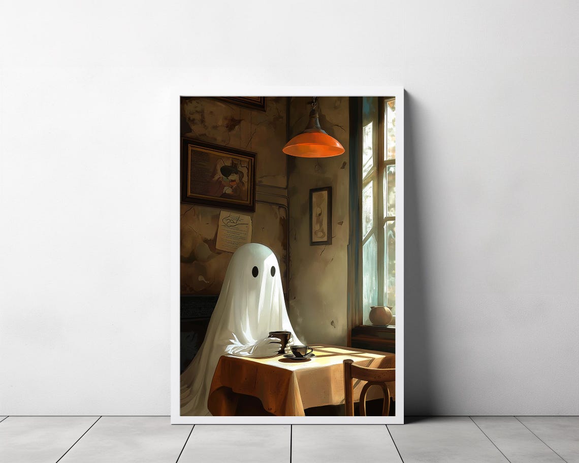 Ghost Enjoying Coffee At Cozy Cafe Table Dark Academia Art Poster - Image 3