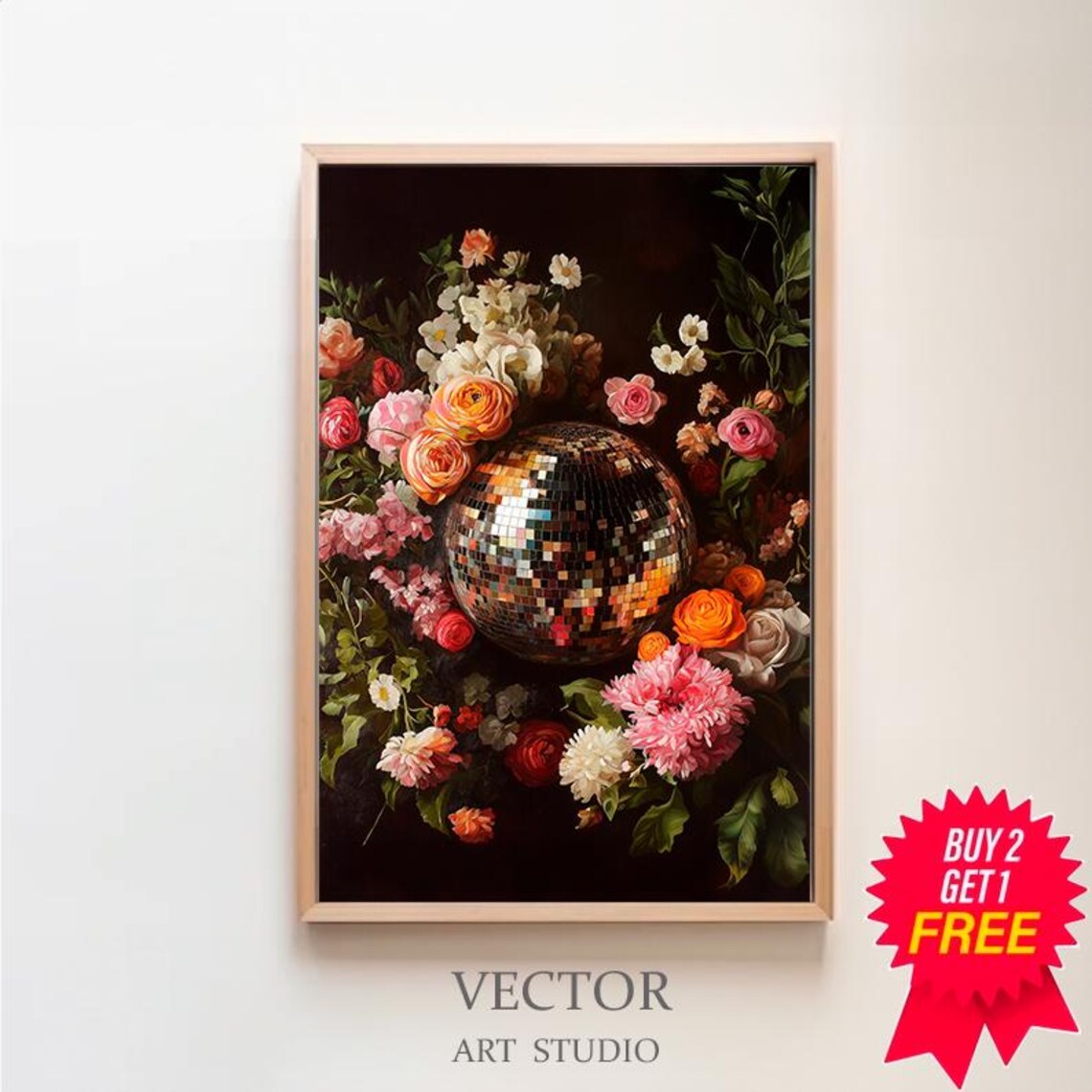 Disco Ball Botanical Art Print, Maximalist Kitsch
