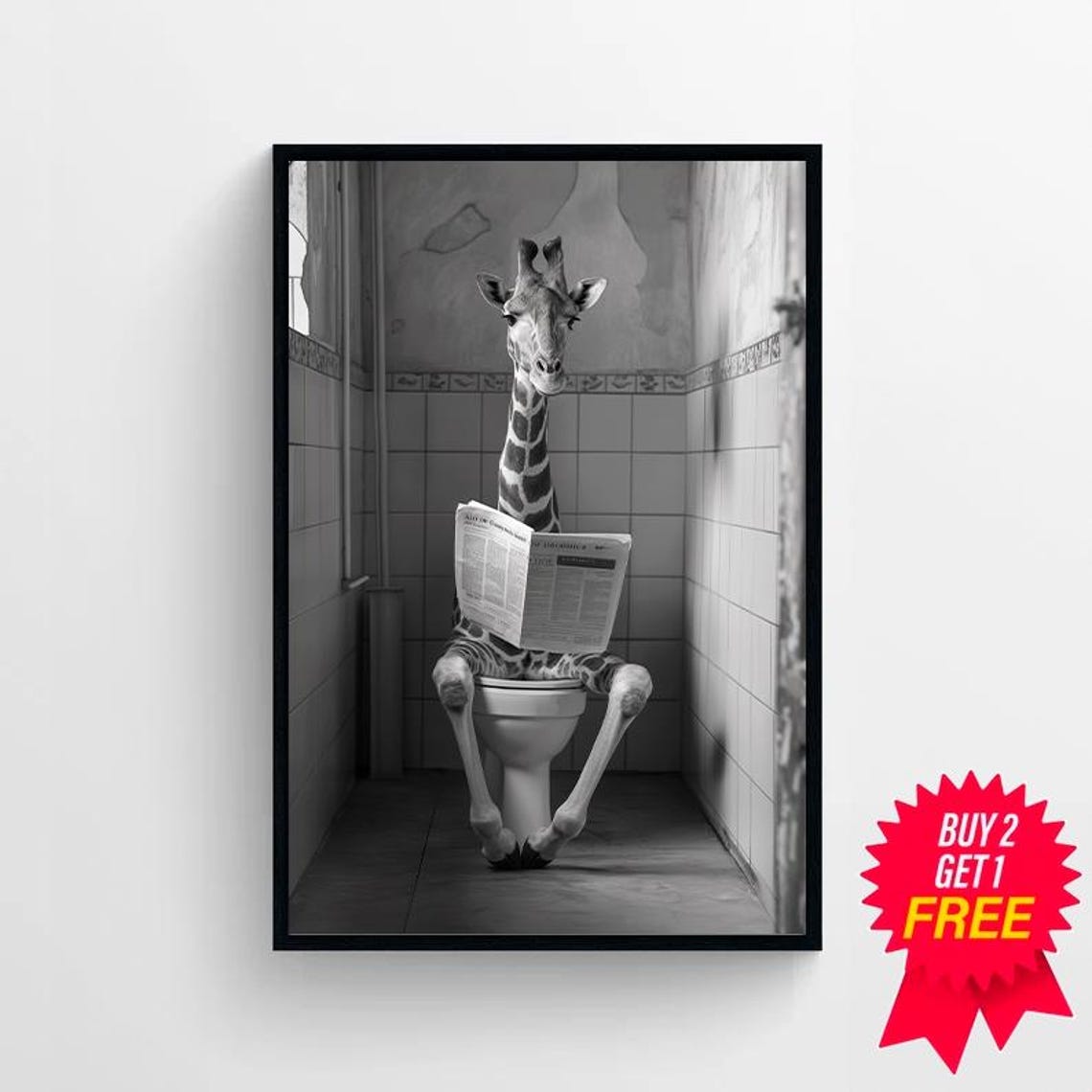Giraffe Reading Her Newspaper on the Toilet Funny Bathroom Poster - Image 4