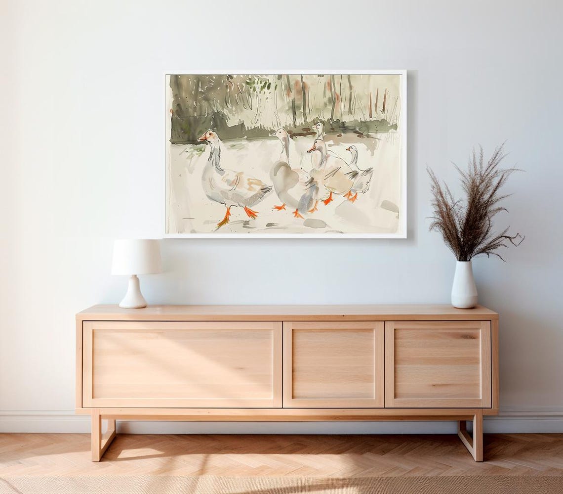 Small Geese Flock Walking Together In Loose Watercolor Sketch Poster - Image 2