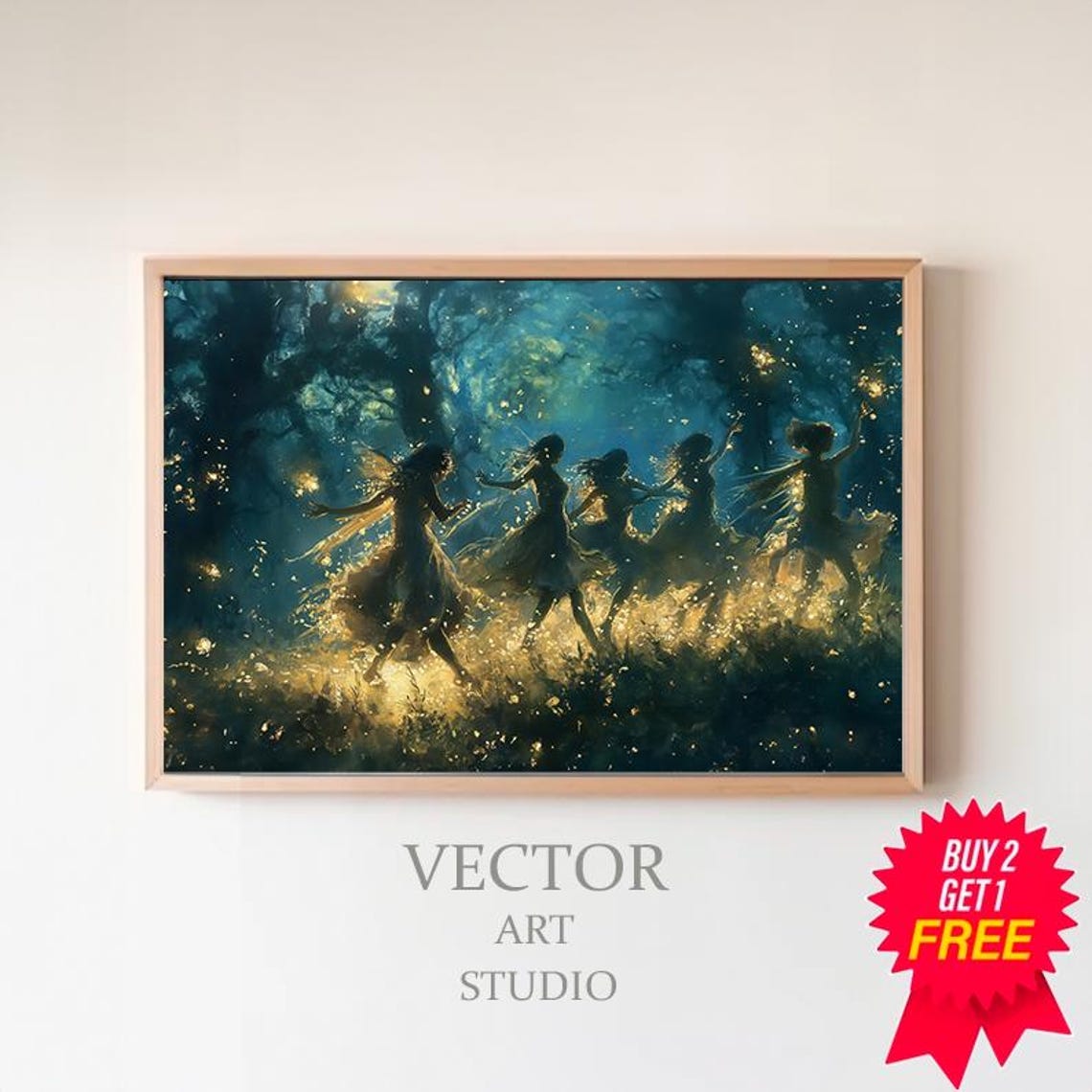 Five Dancing Fairies Golden Fireflies Night Forest Fantasy Poster