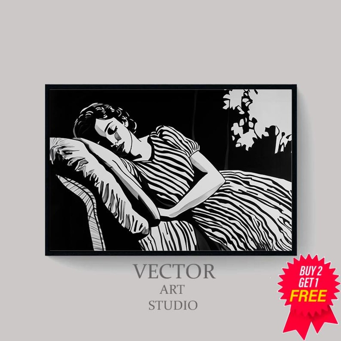 Woman Resting on Striped Sofa Classic Black and White Decorative Art Poster - Image 4