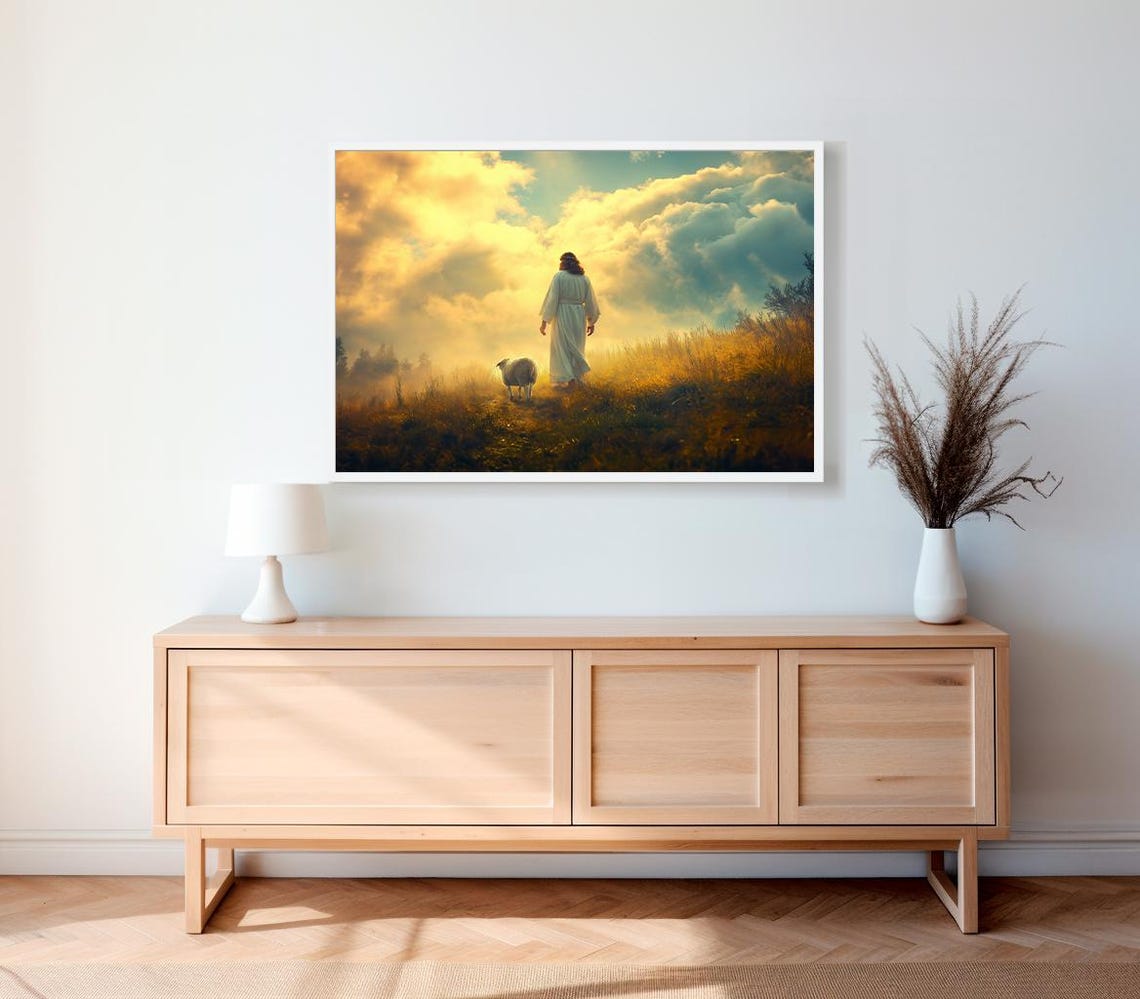 Jesus the Good Shepherd Walking With Sheep in a Golden Field Poster - Image 2