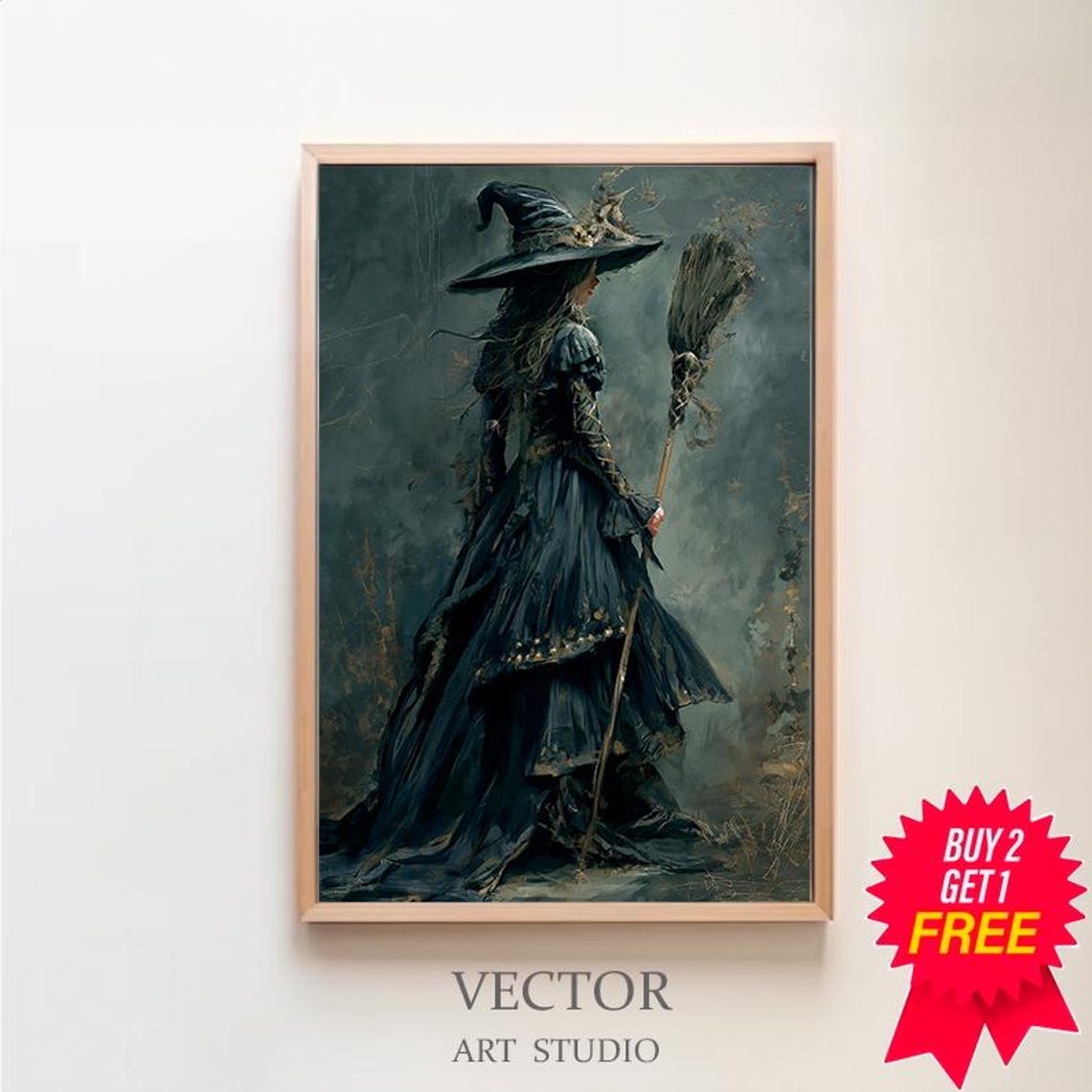 Mysterious Witch Walking Away with Broom Rear View Halloween Poster
