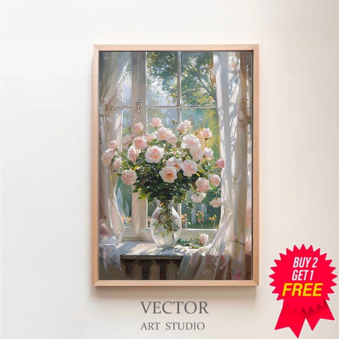 Pink Roses Bouquet in Glass Vase Sunny Garden Window Art Poster