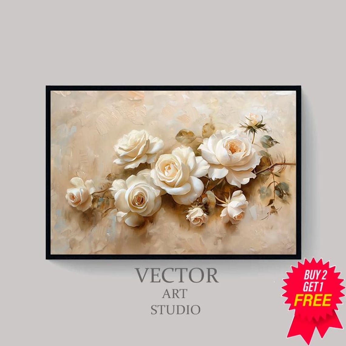 Dreamy White Roses With Buds Soft Neutral Vintage Floral Wall Art - Image 4