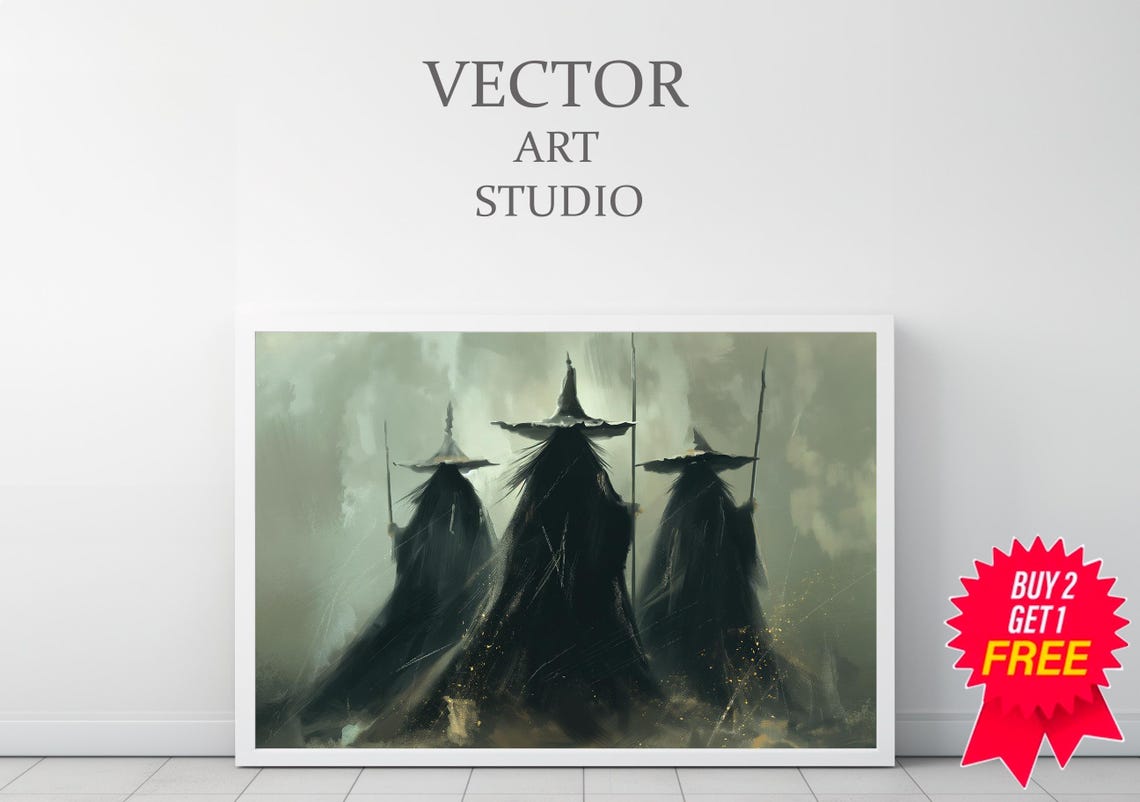 Three Witches in Misty Fog Vintage Halloween Painting Wall Art - Image 3