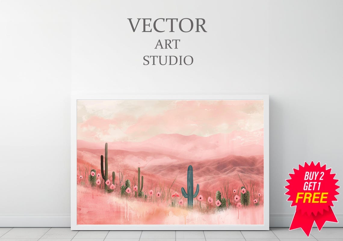 Pink Desert Sunset with Blooming Cacti Landscape Watercolor Poster - Image 3