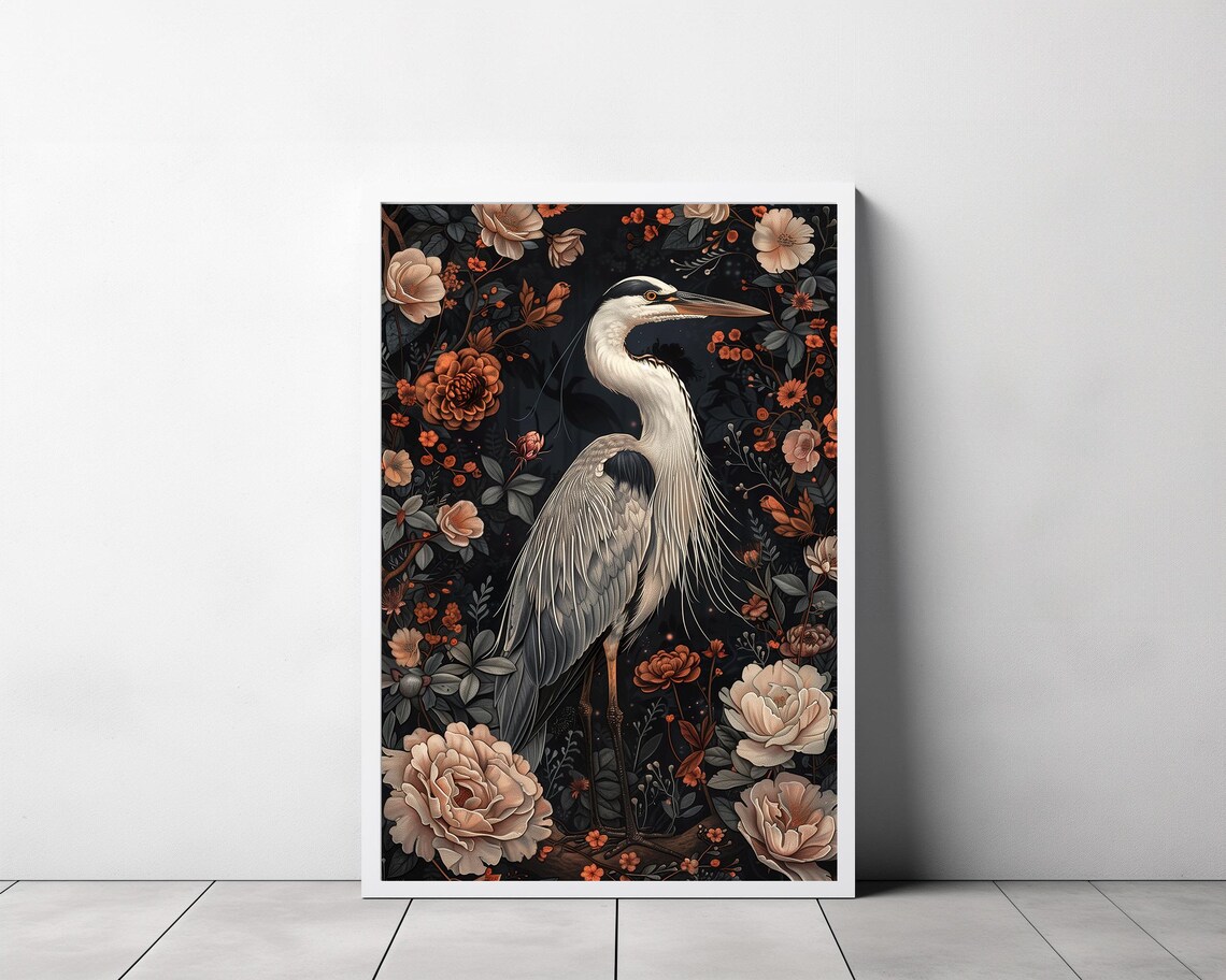 Grey Heron Among Dark Florals Moody Botanical Art Nouveau Poster - Image 3