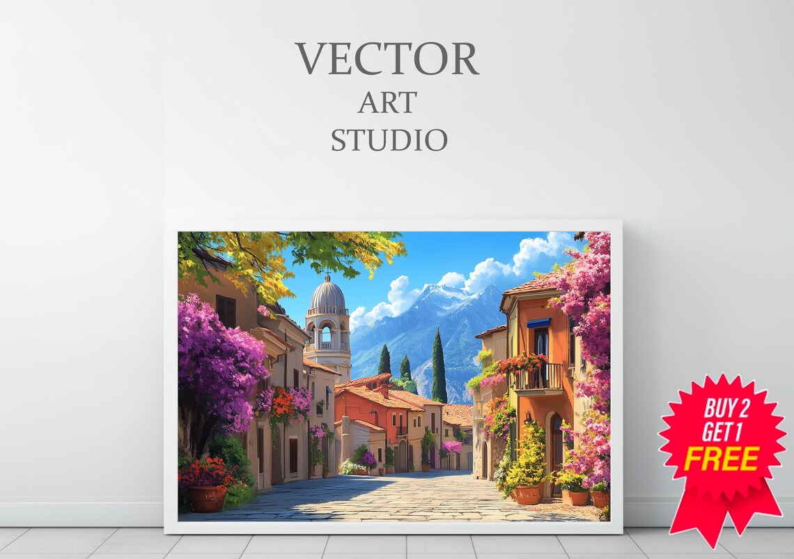 Mexican Village Street Church Dome Bougainvillea Mountain Art Poster - Image 3
