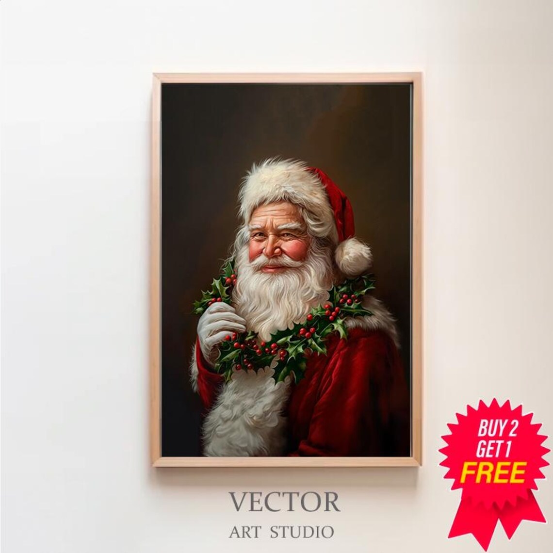 Santa Wearing Holly Garland Vintage Christmas Painting Poster