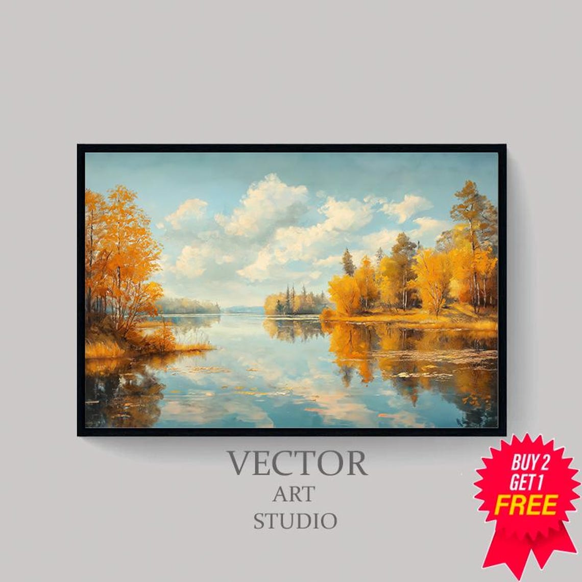 Golden Birch Trees Mirrored in a Still Lake With Clouds Poster - Image 4