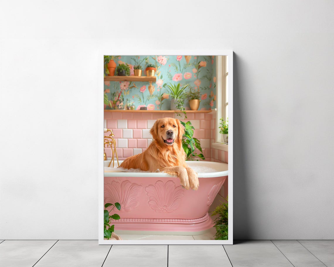 Golden Retriever Bubble Bath in a Pink Floral Bathroom Art Poster - Image 3