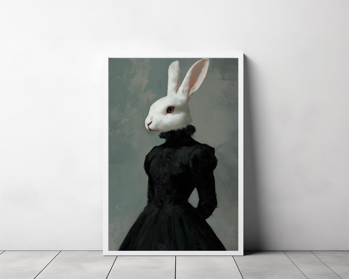 White Rabbit in Black Victorian Dress Gothic Portrait Poster - Image 3