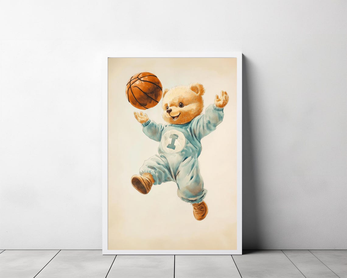 Teddy Bear in Blue Pajamas Number 1 Tossing a Basketball Poster - Image 3