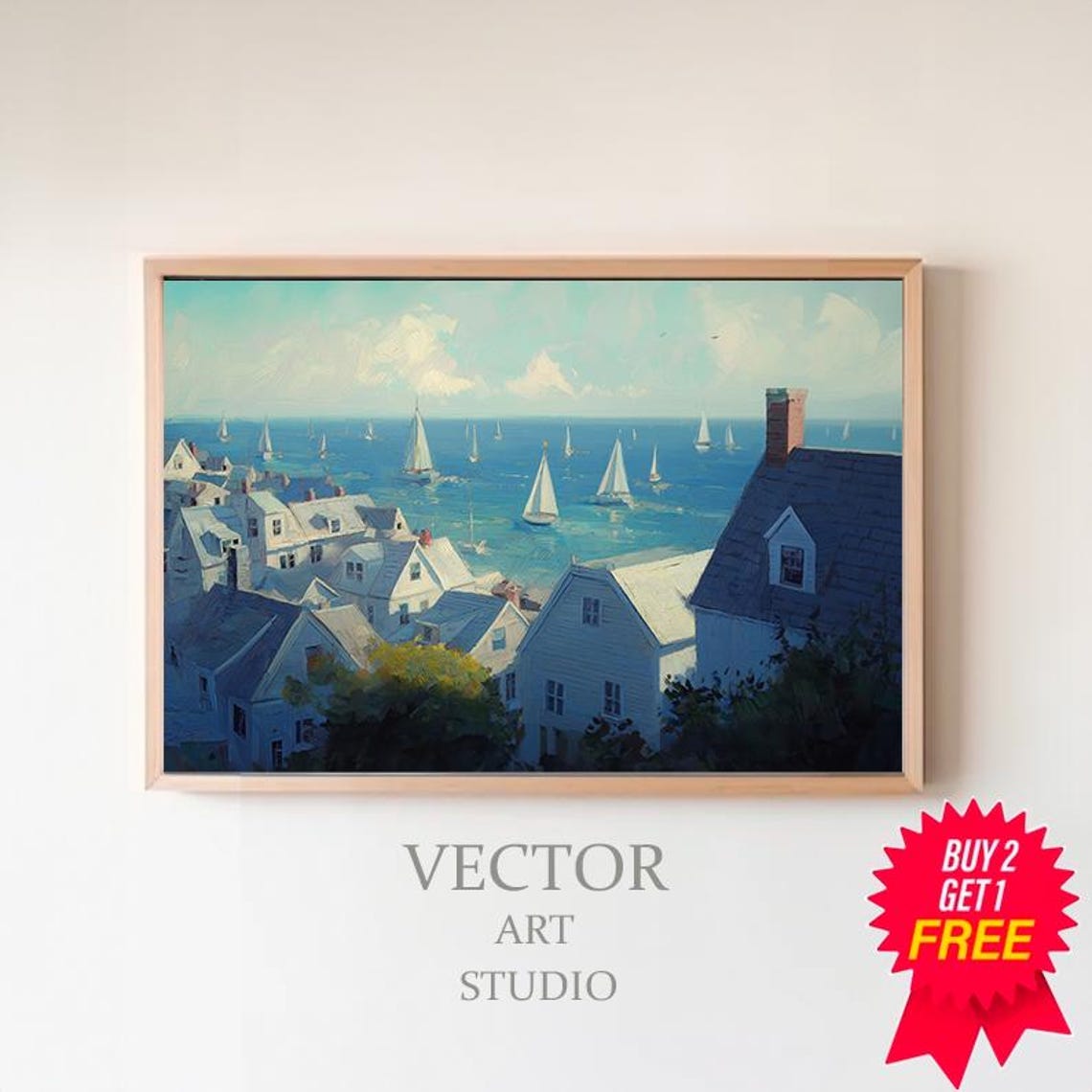 Seaside Village With White Houses And Sailboats Painterly Poster