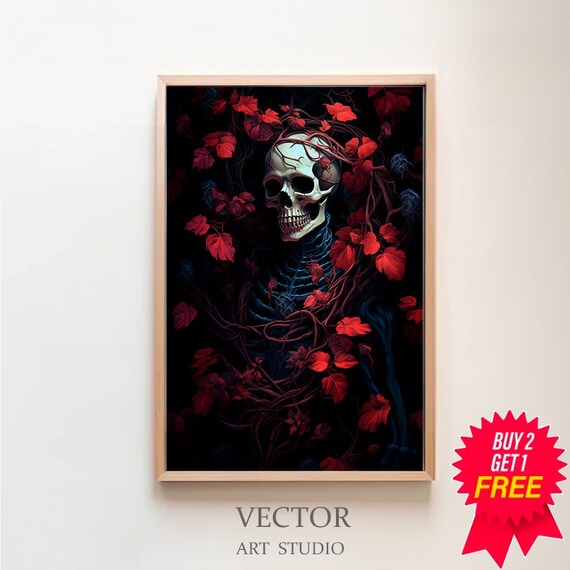 Skeleton Entwined With Crimson Red Leaves on Dark Black Goth Poster