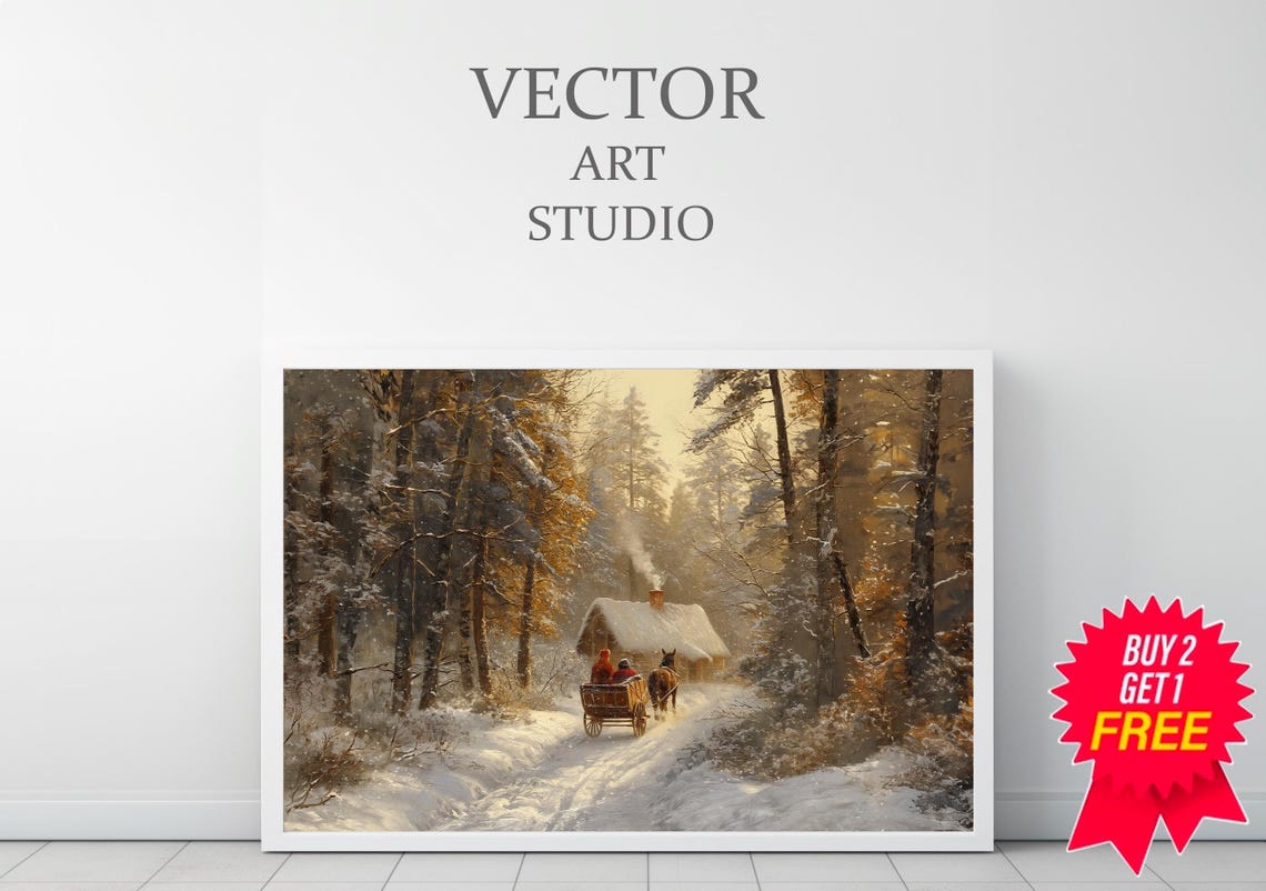 Snowy Forest Cabin with Horse-Drawn Sleigh Vintage Winter Poster - Image 3
