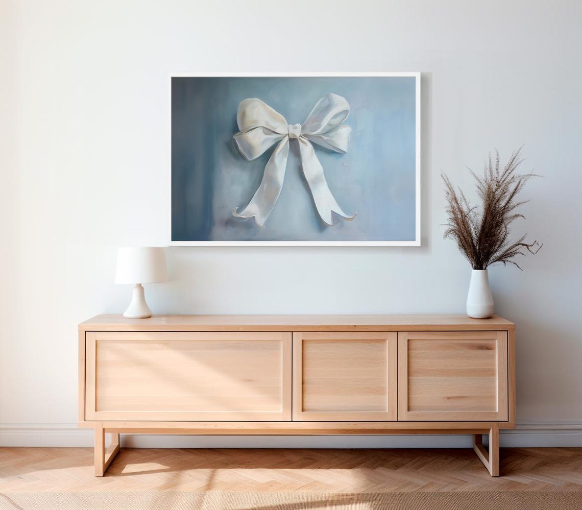 White Silk Bow On Soft Blue Grey Vintage Nursery Wall Poster - Image 2