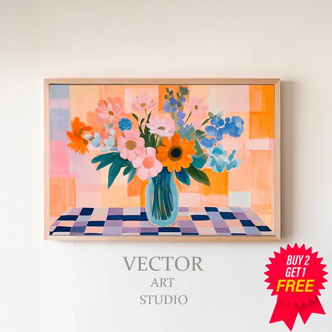 Colorful Floral Bouquet in Glass Vase on Checkered Table Poster