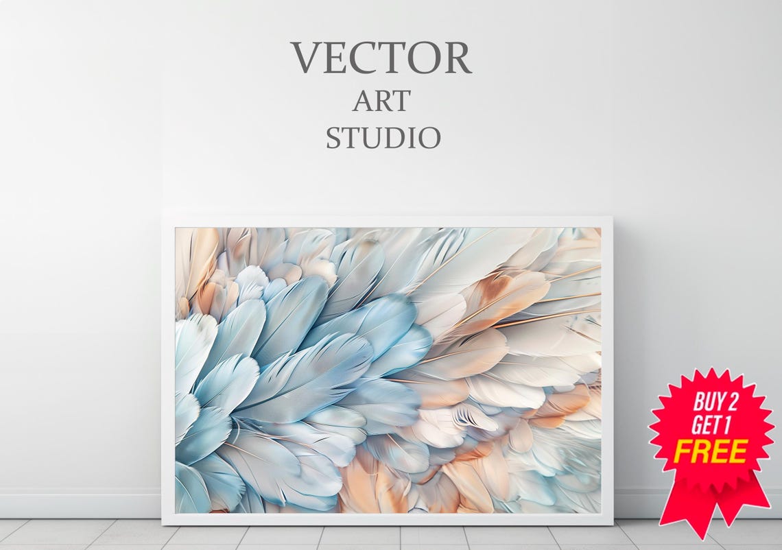 Close Up Feather Painting in Blue Beige and White Tones Poster - Image 3
