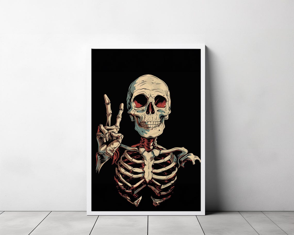 Cool Skeleton Flashing Peace Sign Tattoo Style Gothic Art Poster - Image 3