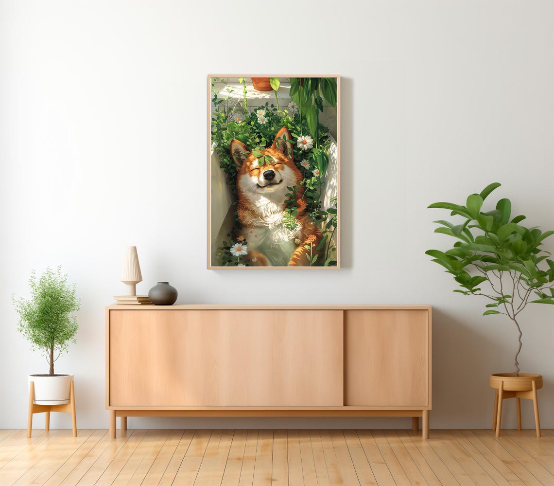 Sunlit Shiba Inu Smiling Blissfully Among Flowers in Bathtub Poster - Image 2