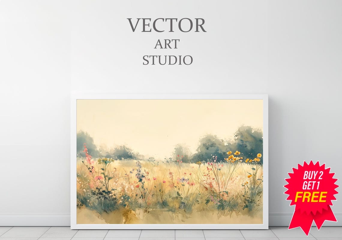 Soft Watercolor Wildflower Meadow In Golden Morning Light Poster - Image 3