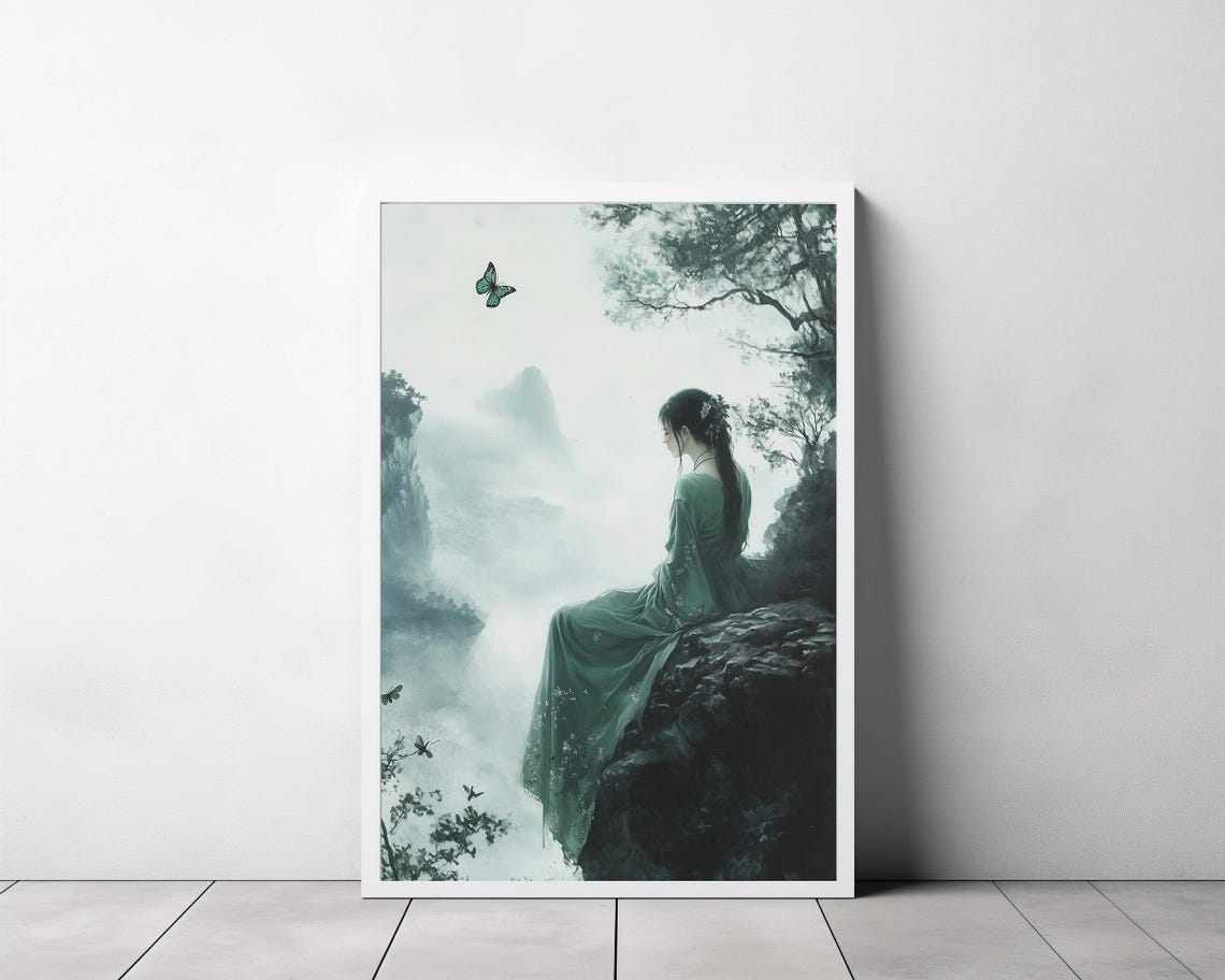 Artemis in Teal Robe on Misty Cliff With Butterfly Watercolor Poster - Image 3