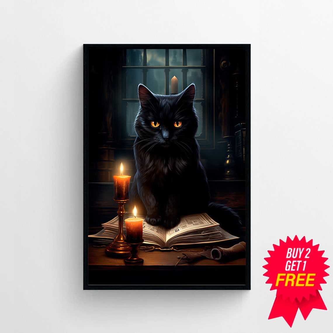 Black Cat Sitting With Open Book and Candles at Night Poster - Image 4