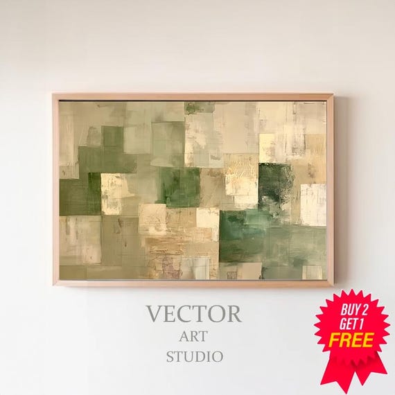 Rustic Green Abstract Winter Frame Tv Art Beige Contemporary Tv Art Geometric Minimalist Modern Oil Painting